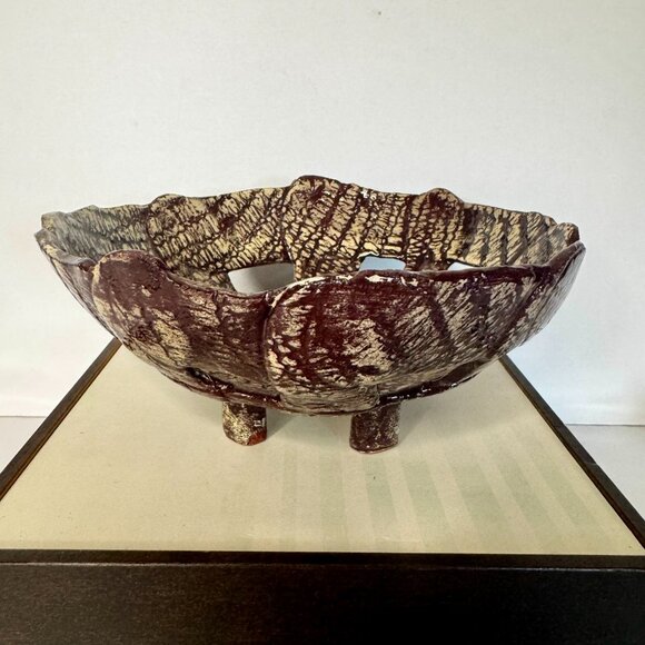 Art Studio Basket Weave Glazed Pottery Bowl 4 Footed Round Brown White READ - Picture 15 of 16